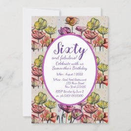 Paarse Rode Poppy Floral 60e verjaardag Uitnodigin Kaart