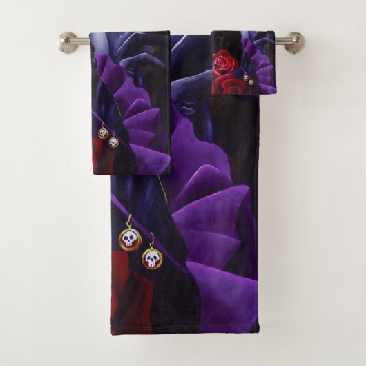 Paarse Rode Rozen Suiker Schedel Fee Dag Doden Bad Handdoek (Insitu)