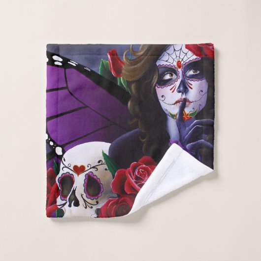 Paarse Rode Rozen Suiker Schedel Fee Dag Doden Bad Handdoek (Wasdoekje)