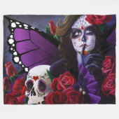 Paarse Rode Rozen Suiker Schedel Fee Dag Doden Fleece Deken (Voorkant (Horizontaal))