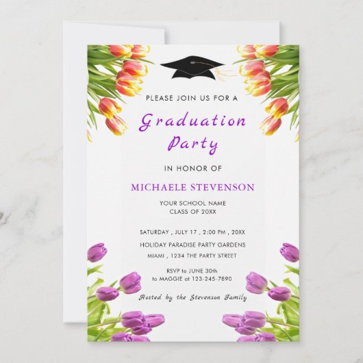 Paarse rode tulpen afstudeerfeest uitnodiging (Voorkant)