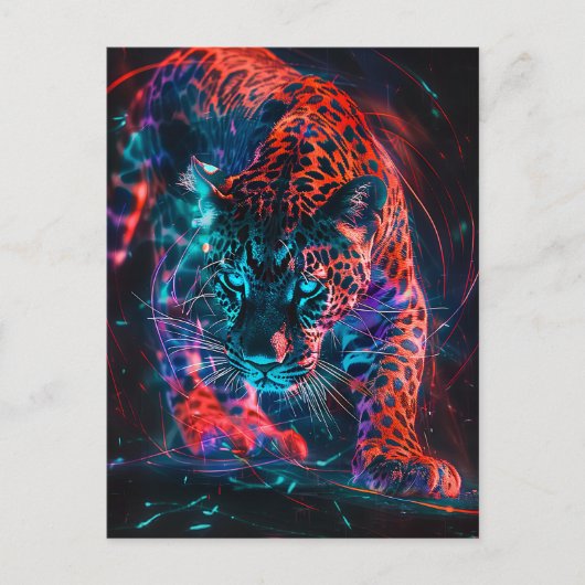 Paarse Rode Turquoise Neon Jaguar Light Briefkaart (Voorkant)