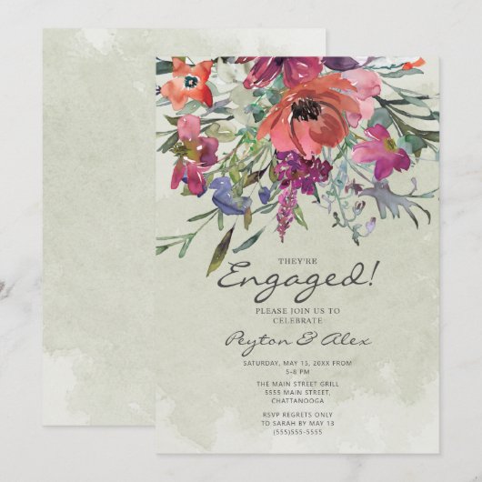Paarse Rode Waterverf Floral Sage Engagement Party Kaart (Voorkant / Achterkant)