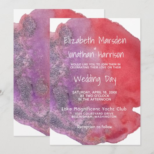 Paarse Rode Waterverf Modern Elegant Huwelijk Kaart (Voorkant / Achterkant)