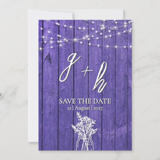 Paarse Roestige Houten Slingerlampjes Boho Metselw Save The Date (Voorkant)