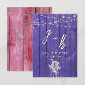 Paarse Roestige Houten Slingerlampjes Boho Metselw Save The Date (Voorkant / Achterkant)