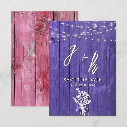 Paarse Roestige Houten Slingerlampjes Boho Metselw Save The Date (Voorkant / Achterkant)