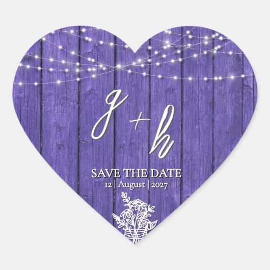 Paarse Roestige Houten Slingerlichtjes Boho Metsel Hart Sticker (Voorkant)