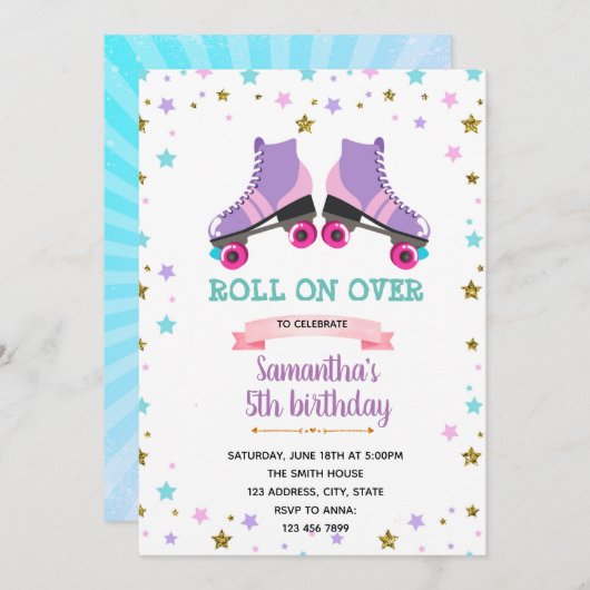 Paarse roller schaats-uitnodiging feestdagenkaart (Voorkant / Achterkant)
