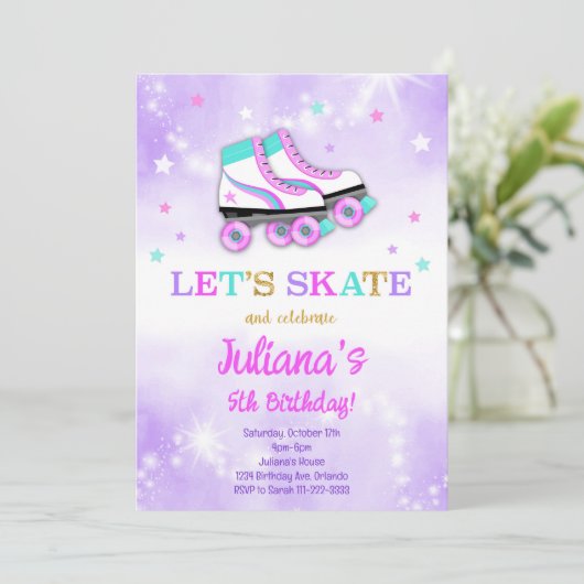 Paarse Roller Schaats Verjaardagsuitnodiging Kaart (Staand voorkant)
