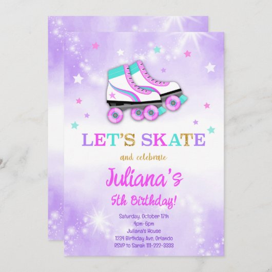 Paarse Roller Schaats Verjaardagsuitnodiging Kaart (Voorkant / Achterkant)