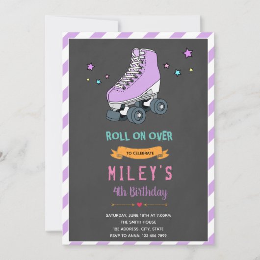 Paarse Roller schaatsfeest uitnodiging (Voorkant)