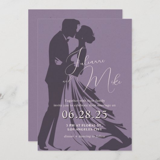 Paarse romantische bruiloft uitnodiging (Voorkant / Achterkant)