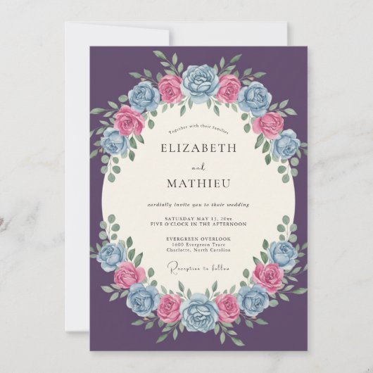 Paarse Romantische Rozen Bruiloft Kaart (Voorkant)