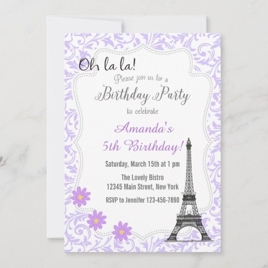 Paarse romantische verjaardagsuitnodiging in Parij Kaart (Voorkant)