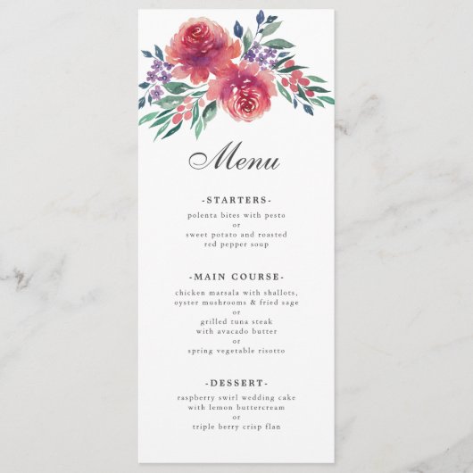 Paarse romantische Waterverf Floral Wedding Menu (Voorkant)