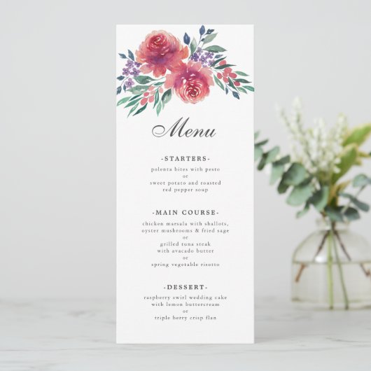 Paarse romantische Waterverf Floral Wedding Menu (Staand voorkant)