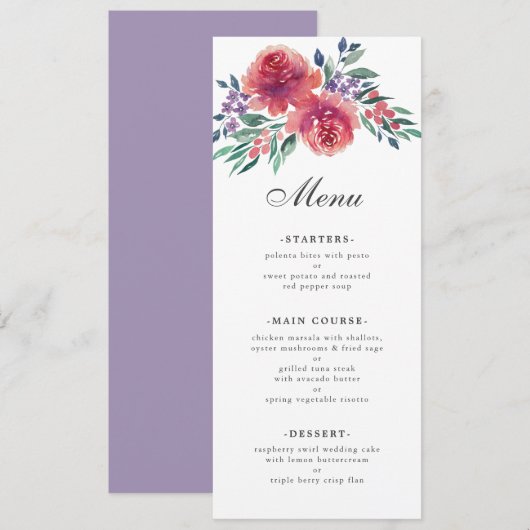 Paarse romantische Waterverf Floral Wedding Menu (Voorkant / Achterkant)