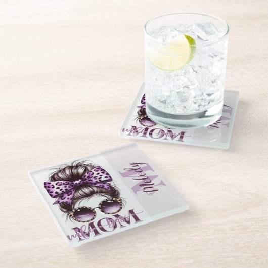 Paarse rommelige Bun Mama Vrouw Baas Glazen Onderzetter (Schuin)