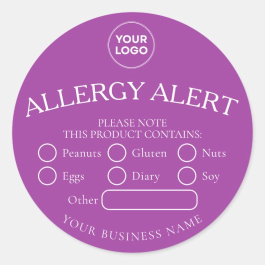 Paarse Ronde Witte Voedsel Allergie Alert Sticker (Voorkant)