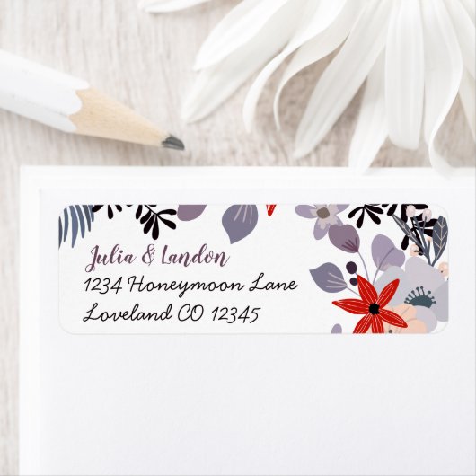 Paarse Rood Blush Roze en Grijs Bloemen Bruiloft Etiket (Insitu)