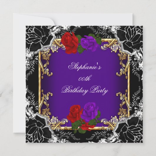Paarse roodroos Gold Black Birthday Kaart (Voorkant)