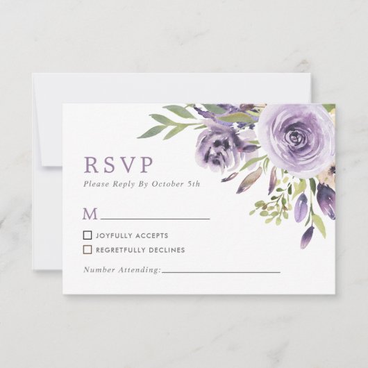 Paarse Roos Bloemen Bruiloft RSVP Kaart (Voorkant)
