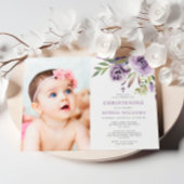 Paarse Roos Bloemen Foto Meisje Christening Kaart