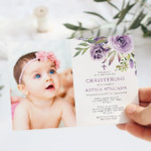 Paarse Roos Bloemen Foto Meisje Christening Kaart