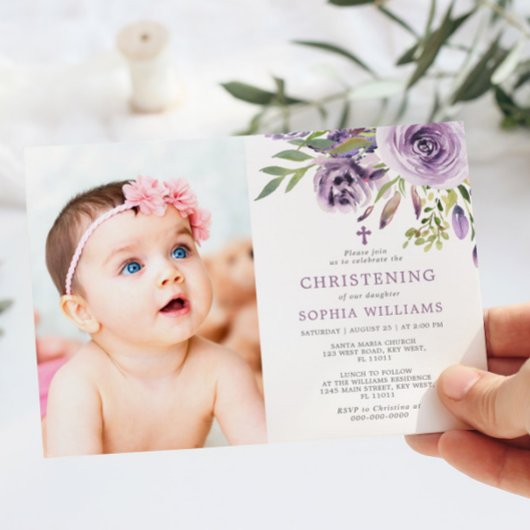 Paarse Roos Bloemen Foto Meisje Christening Kaart