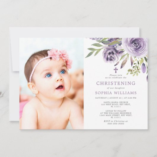 Paarse Roos Bloemen Foto Meisje Christening Kaart (Voorkant)