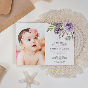Paarse Roos Bloemen Foto Meisje Eerste Heilige Com Kaart