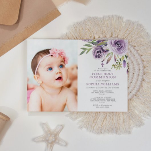 Paarse Roos Bloemen Foto Meisje Eerste Heilige Com Kaart
