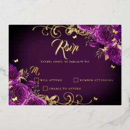 Paarse Roos Bloemen Gold Swirl Gold Quinceanera Folie Uitnodiging