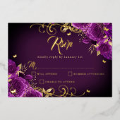 Paarse Roos Bloemen Gold Swirl Gold Quinceanera Folie Uitnodiging (Voorkant)