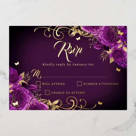 Paarse Roos Bloemen Gold Swirl Gold Quinceanera Folie Uitnodiging (Voorkant)