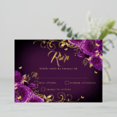 Paarse Roos Bloemen Gold Swirl Gold Quinceanera Folie Uitnodiging (Staand Voorkant)