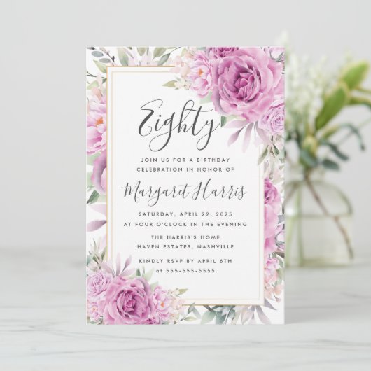 Paarse Roos Bloemen Goud Lijst 80ste Tachtig Verja Kaart (Staand voorkant)