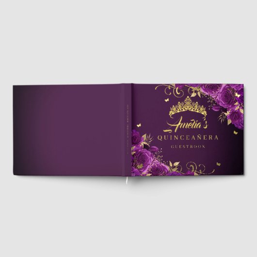 Paarse Roos Bloemen Werveltje Quinceanera Gold Gastenboek (Volledig)