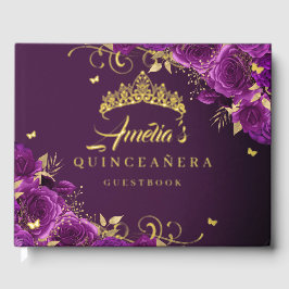 Paarse Roos Bloemen Werveltje Quinceanera Gold Gastenboek