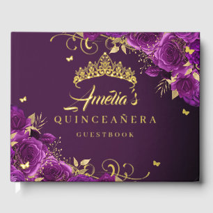 Paarse Roos Bloemen Werveltje Quinceanera Gold Gastenboek