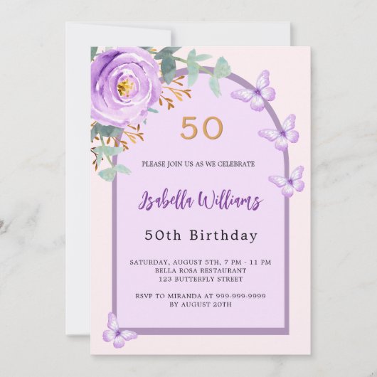 Paarse roos bloemenroze boogvlinders Verjaardag Kaart (Voorkant)