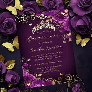 Paarse Roos Bloemige Gouden Swirl Quinceanera Folie Uitnodiging