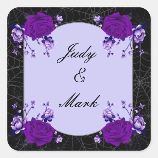 Paarse Roos Bloemige Spinneweb Herfst Bruiloft Zeg Vierkante Sticker (Voorkant)
