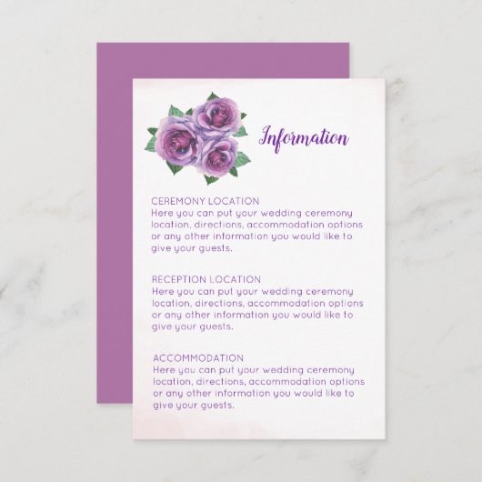 Paarse roos boeket bruiloft informatie Kaarten (Voorkant / Achterkant)