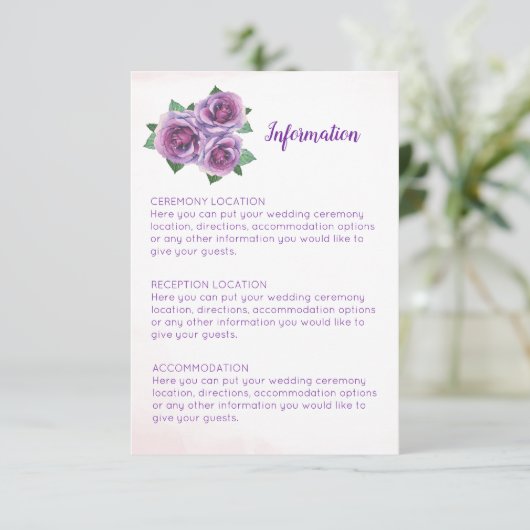 Paarse roos boeket bruiloft informatie Kaarten (Staand voorkant)