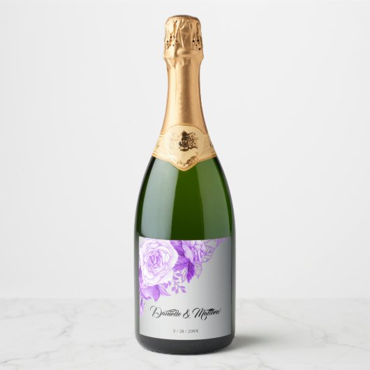 Paarse Roos Boho Elegance Zilveren Bruiloft Sparkling Wijnetiket (Voorkant)