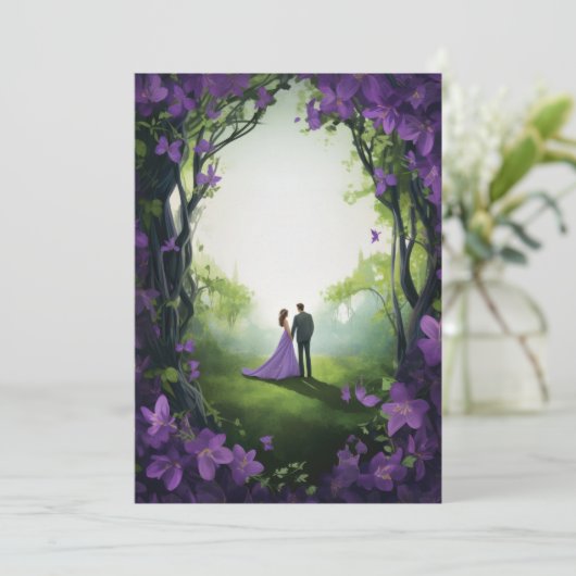 Paarse Roos bruiloft uitnodigingen: bloemenelegant (Staand voorkant)