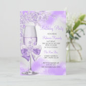 Paarse Roos Champagne White Floral Party Kaart (Staand voorkant)
