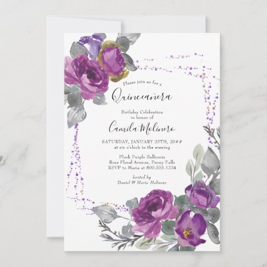 Paarse Roos Confetti Lijst Bloemen Quinceanera Kaart (Voorkant)